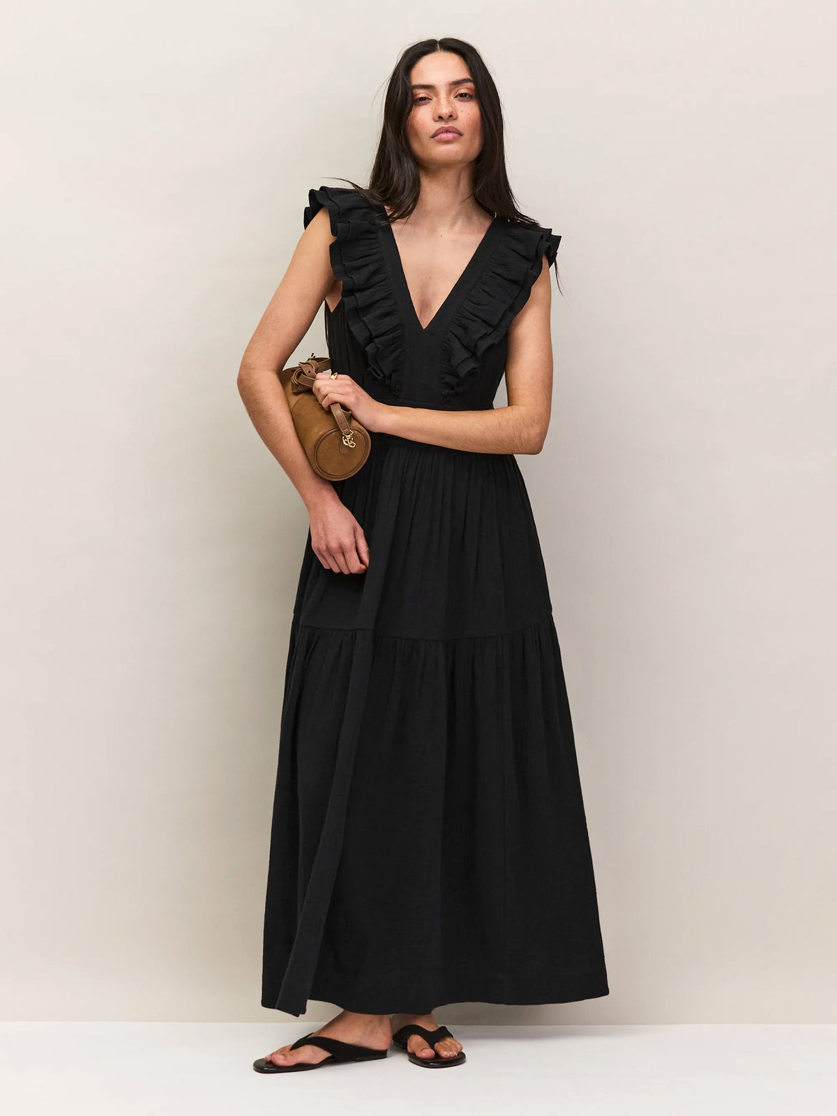 Black Cheesecloth Ruffle V-Neck Midi Dress Cotton Resort