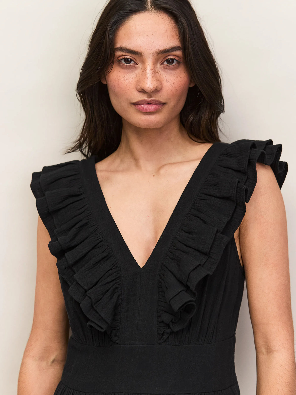 Black Cheesecloth Ruffle V-Neck Midi Dress Cotton Resort