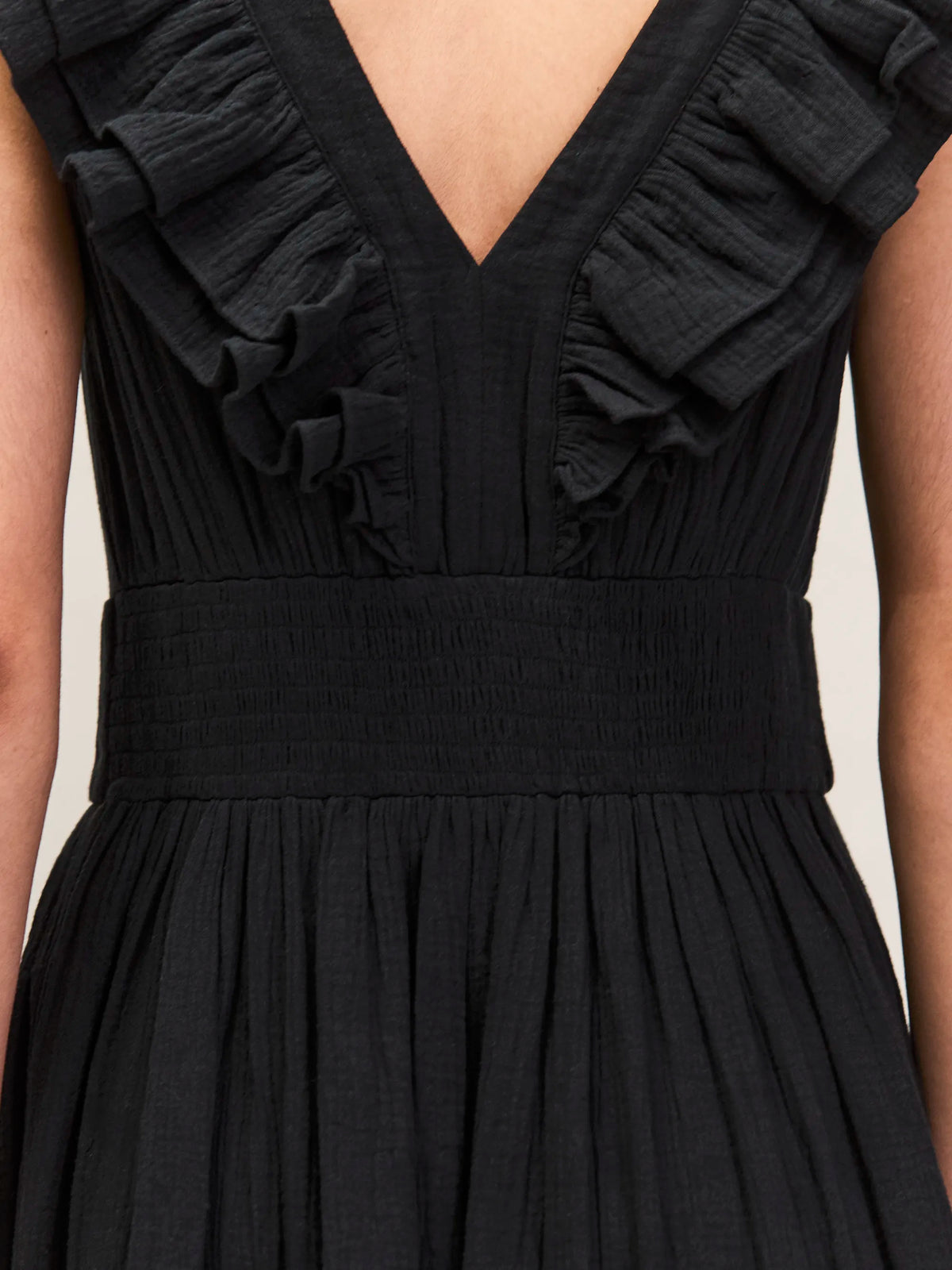 Black Cheesecloth Ruffle V-Neck Midi Dress Cotton Resort