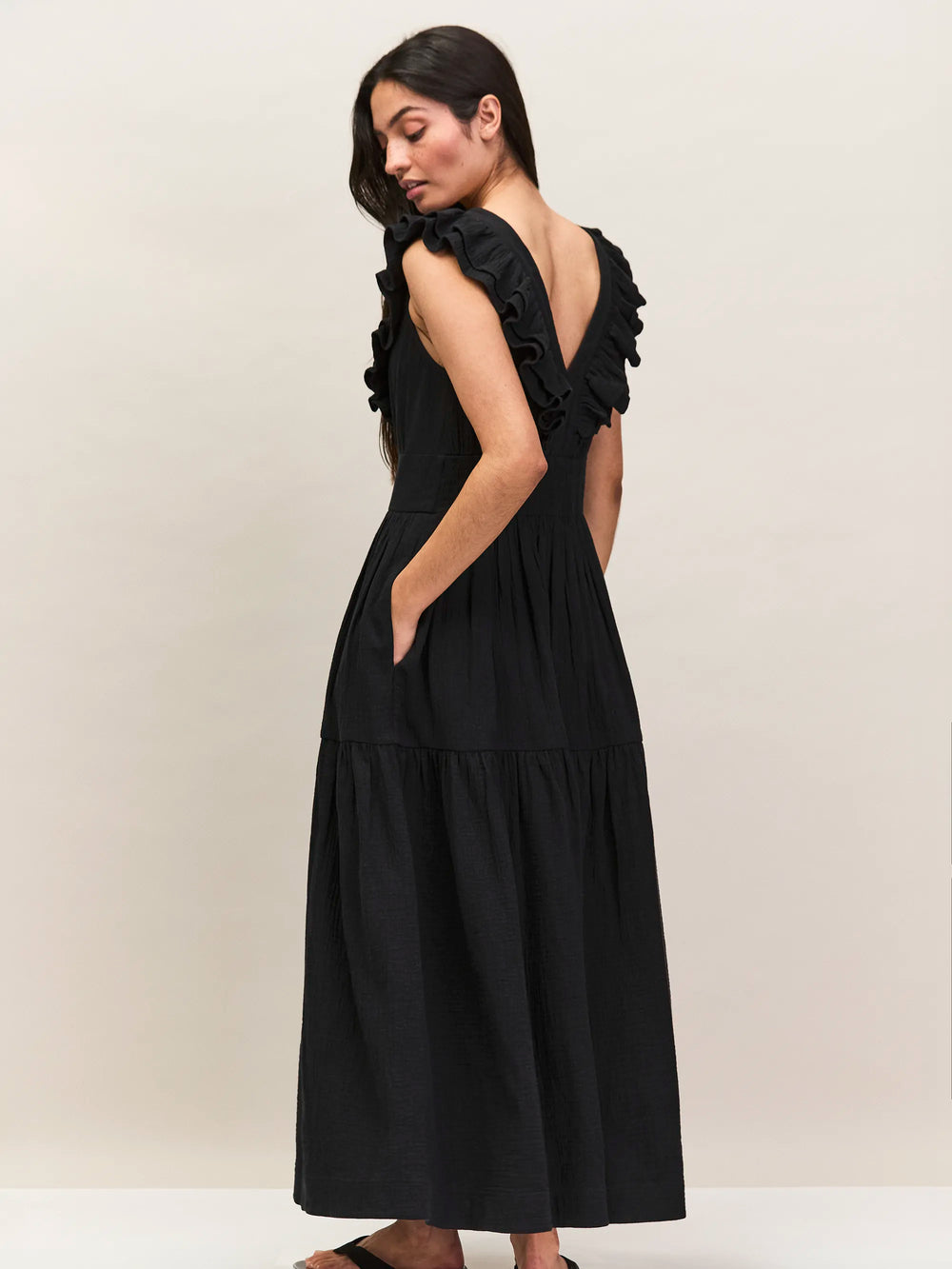 Black Cheesecloth Ruffle V-Neck Midi Dress Ro&Zo Black Cheesecloth Ruffle V-Neck Midi Dress Ro&Zo