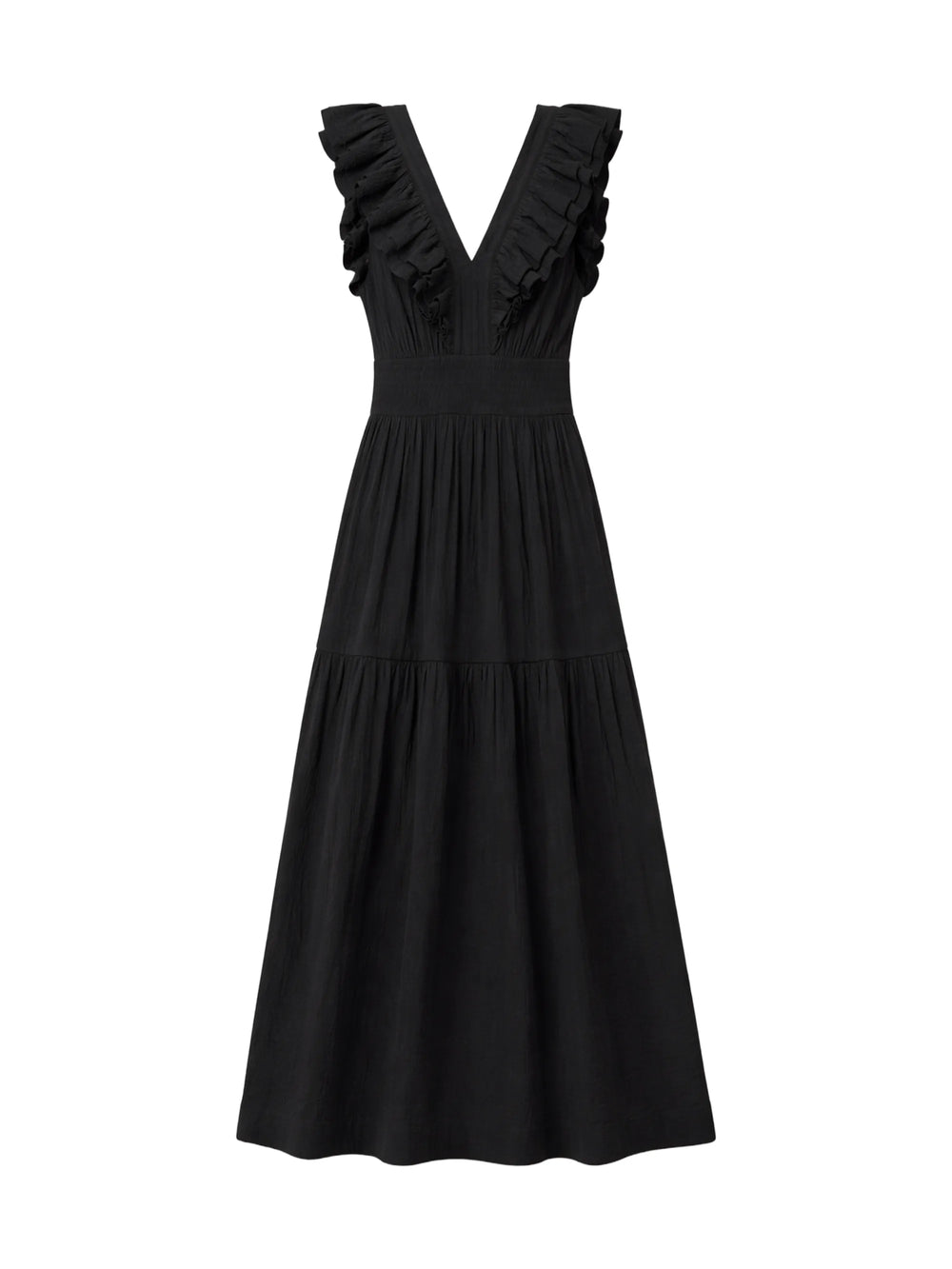 Black Cheesecloth Ruffle V-Neck Midi Dress Ro&Zo Black Cheesecloth Ruffle V-Neck Midi Dress Ro&Zo
