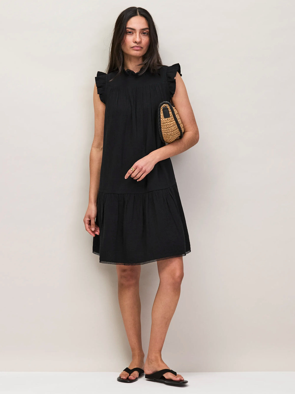 Black Cheesecloth Frill Neck Mini Dress