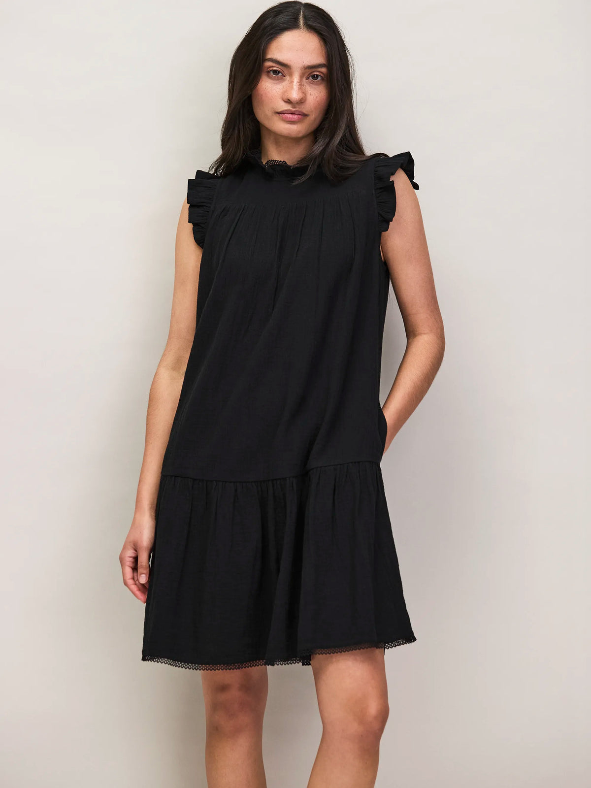Black Cheesecloth Frill Neck Mini Dress