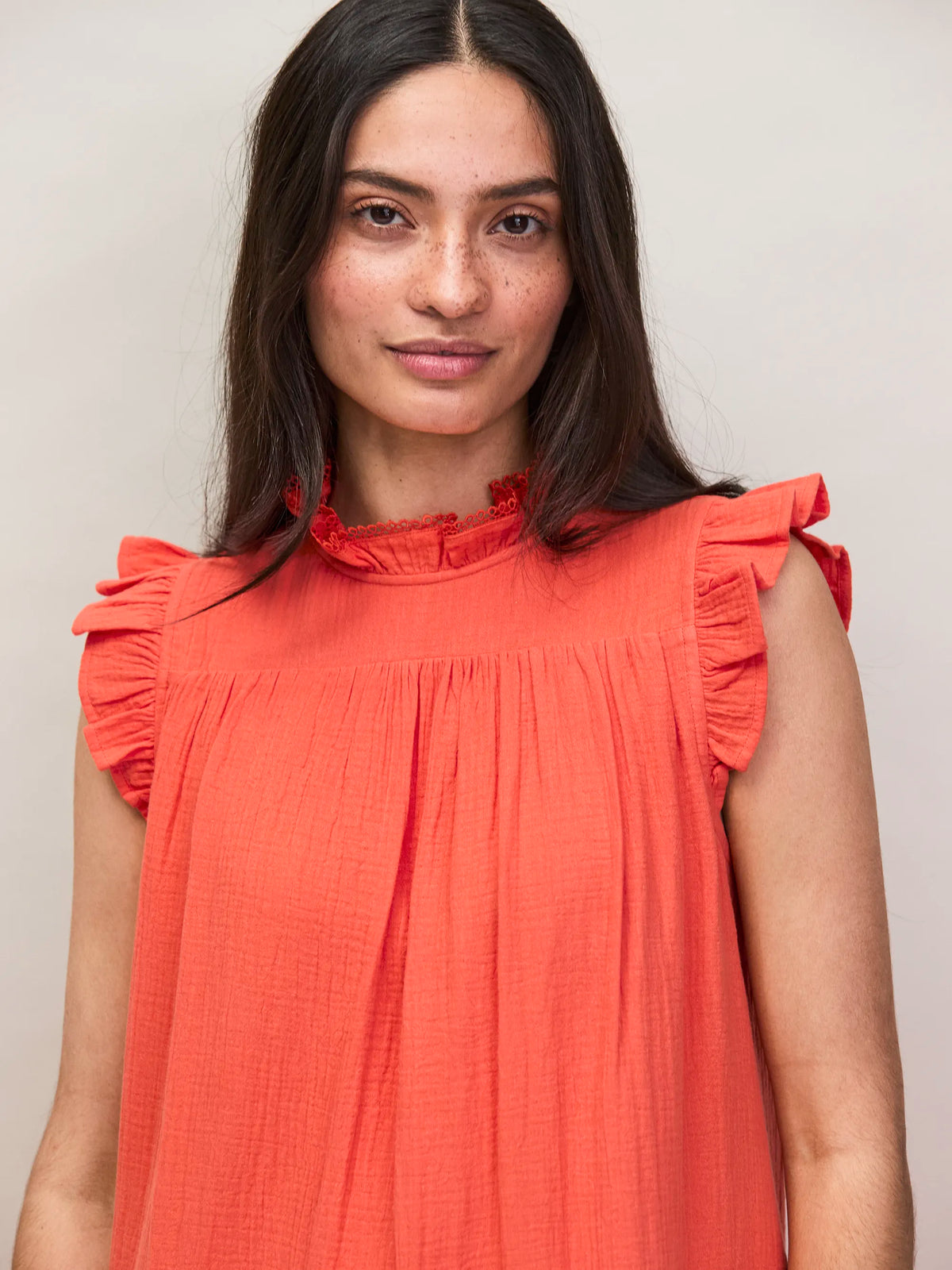 Coral Cheesecloth Frill Neck Mini Dress