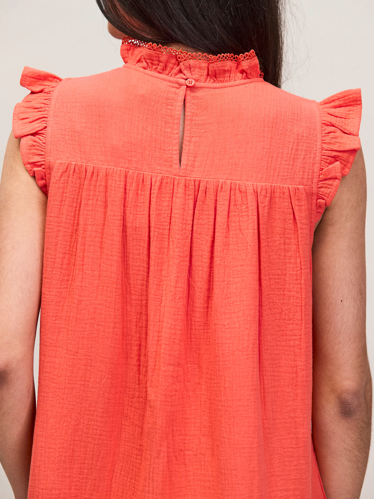 Coral Cheesecloth Frill Neck Mini Dress