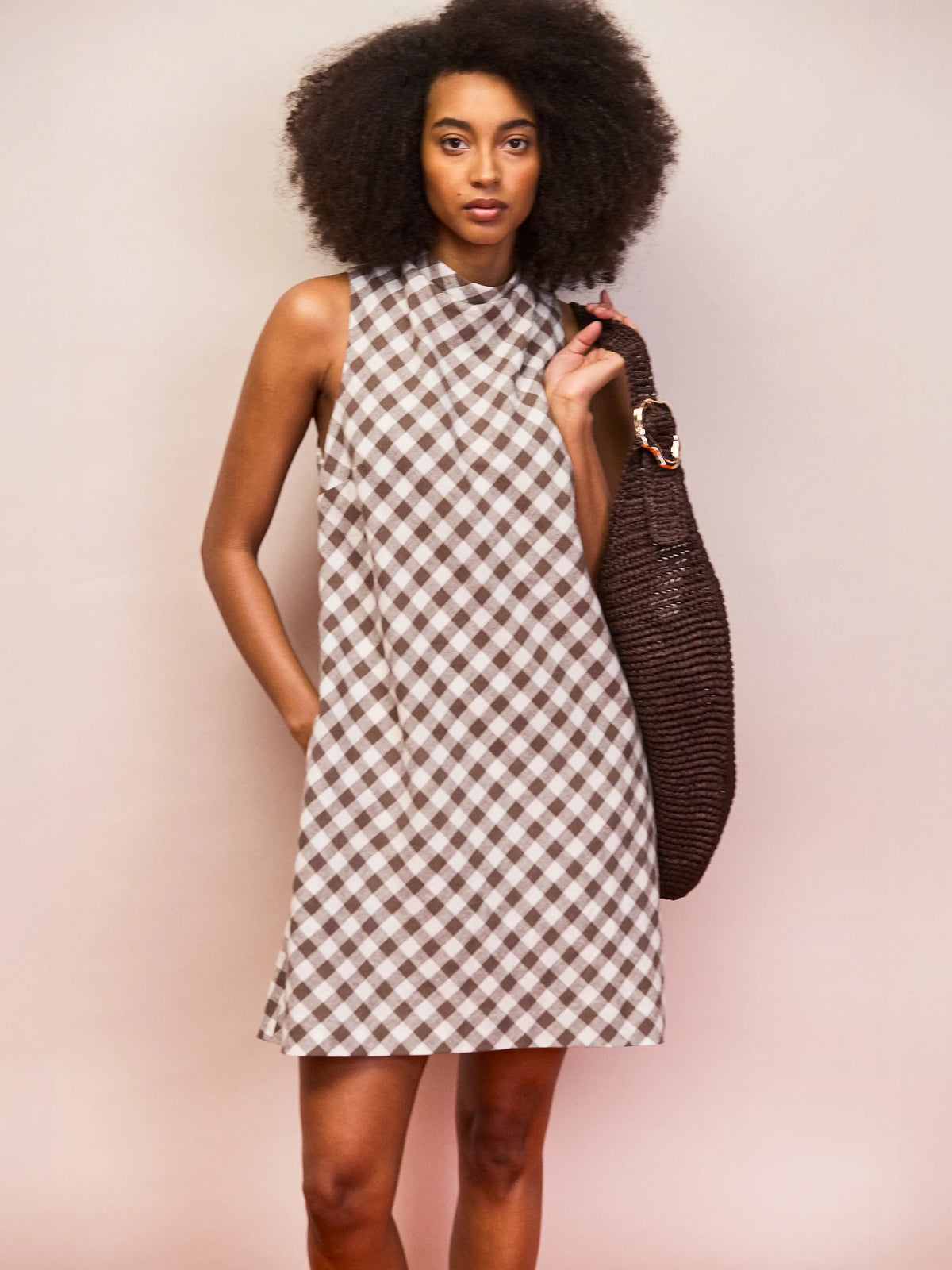 Brown gingham linen blend cowl neck mini dress with tie back fastening
