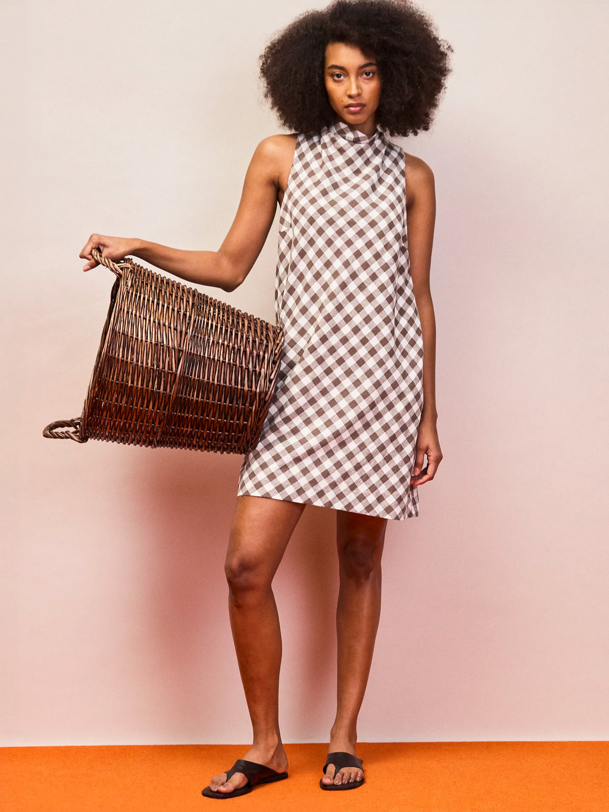 Brown gingham linen blend shift dress with soft cowl neckline