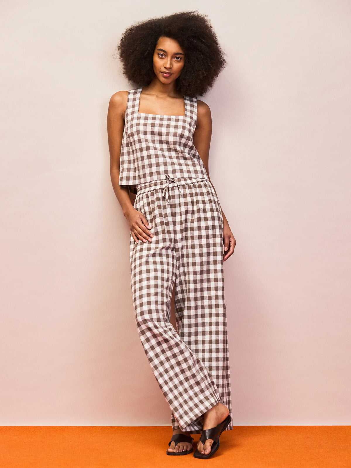 Brown gingham linen blend wide leg trousers with elasticated drawstring waist