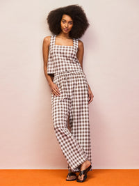 Brown gingham linen blend wide leg trousers with elasticated drawstring waist