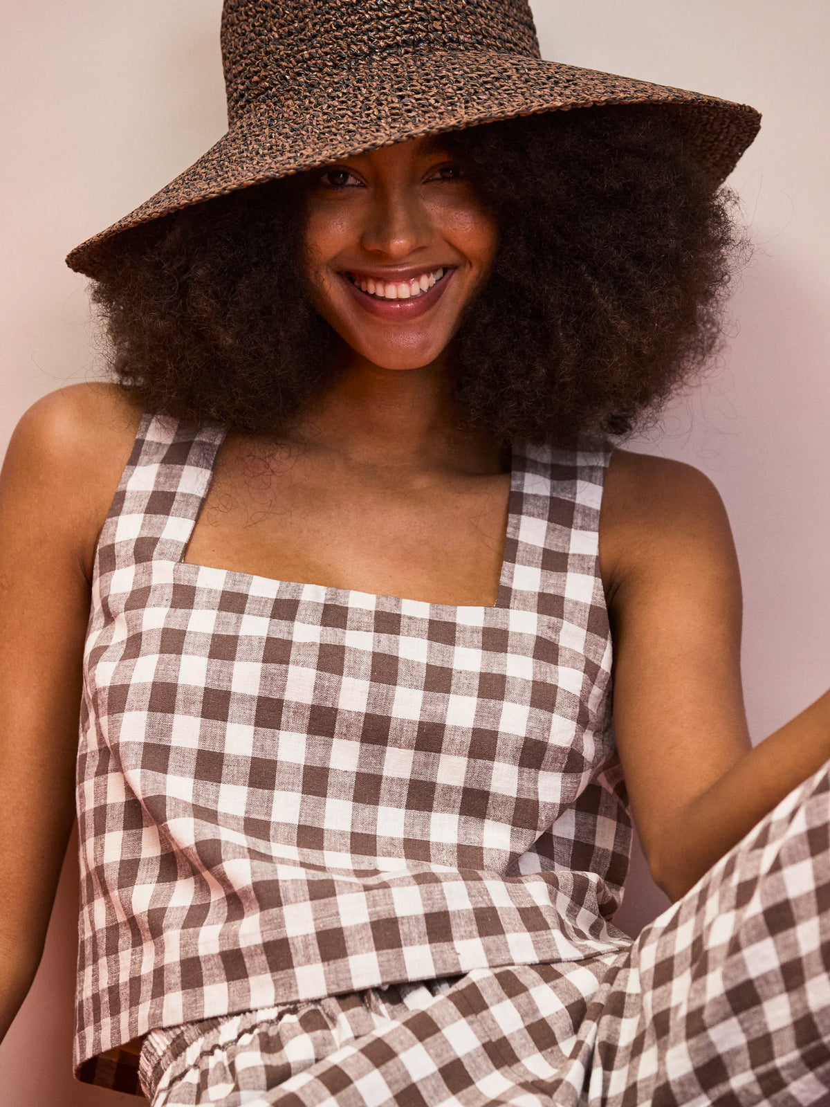 Brown gingham linen blend cropped square neck sleeveless top
