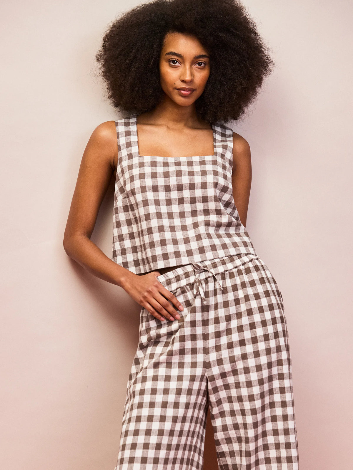 Brown and white gingham cropped linen blend top with square neckline