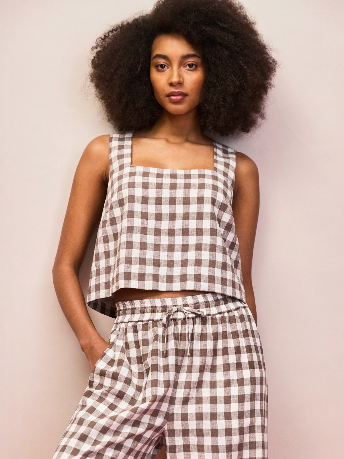 Brown check sleeveless cropped top in lightweight linen blend fabric