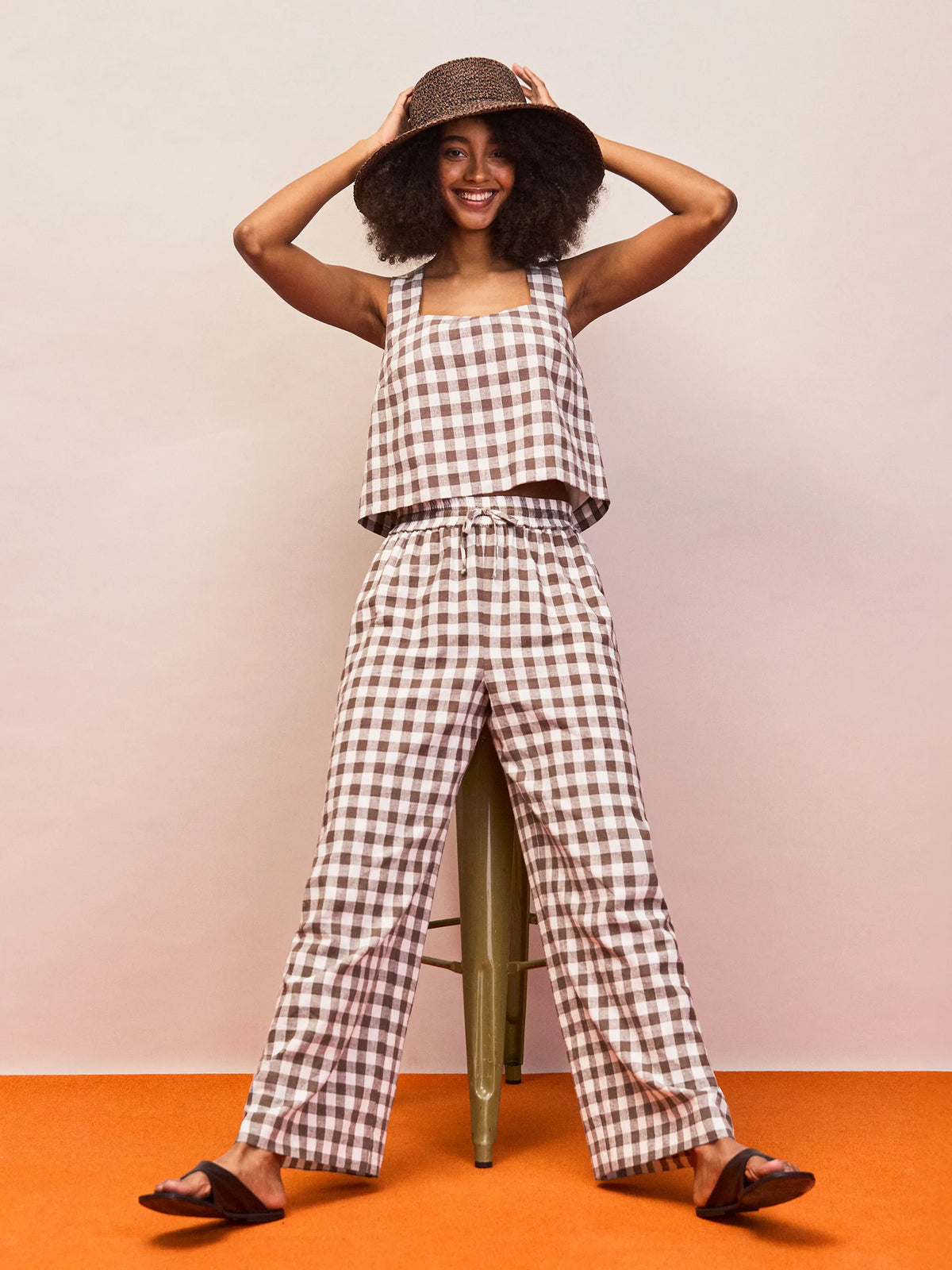 Brown gingham square neck cropped summer top