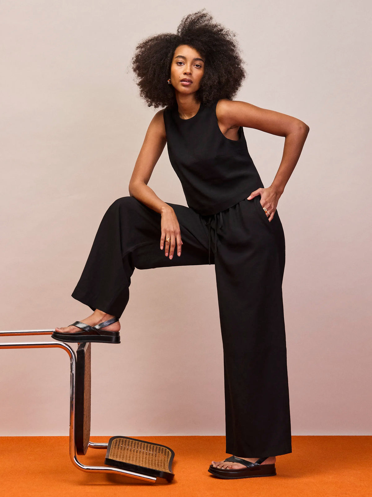 Black linen blend wide leg trousers with elasticated drawstring waist