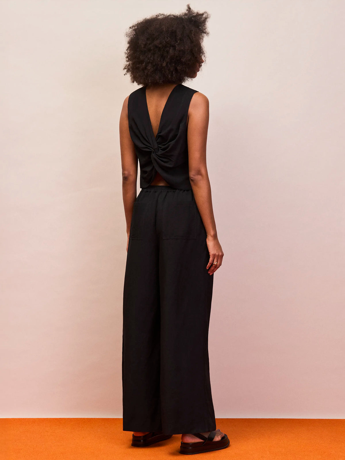 Black full length linen blend trousers with elasticated waistband