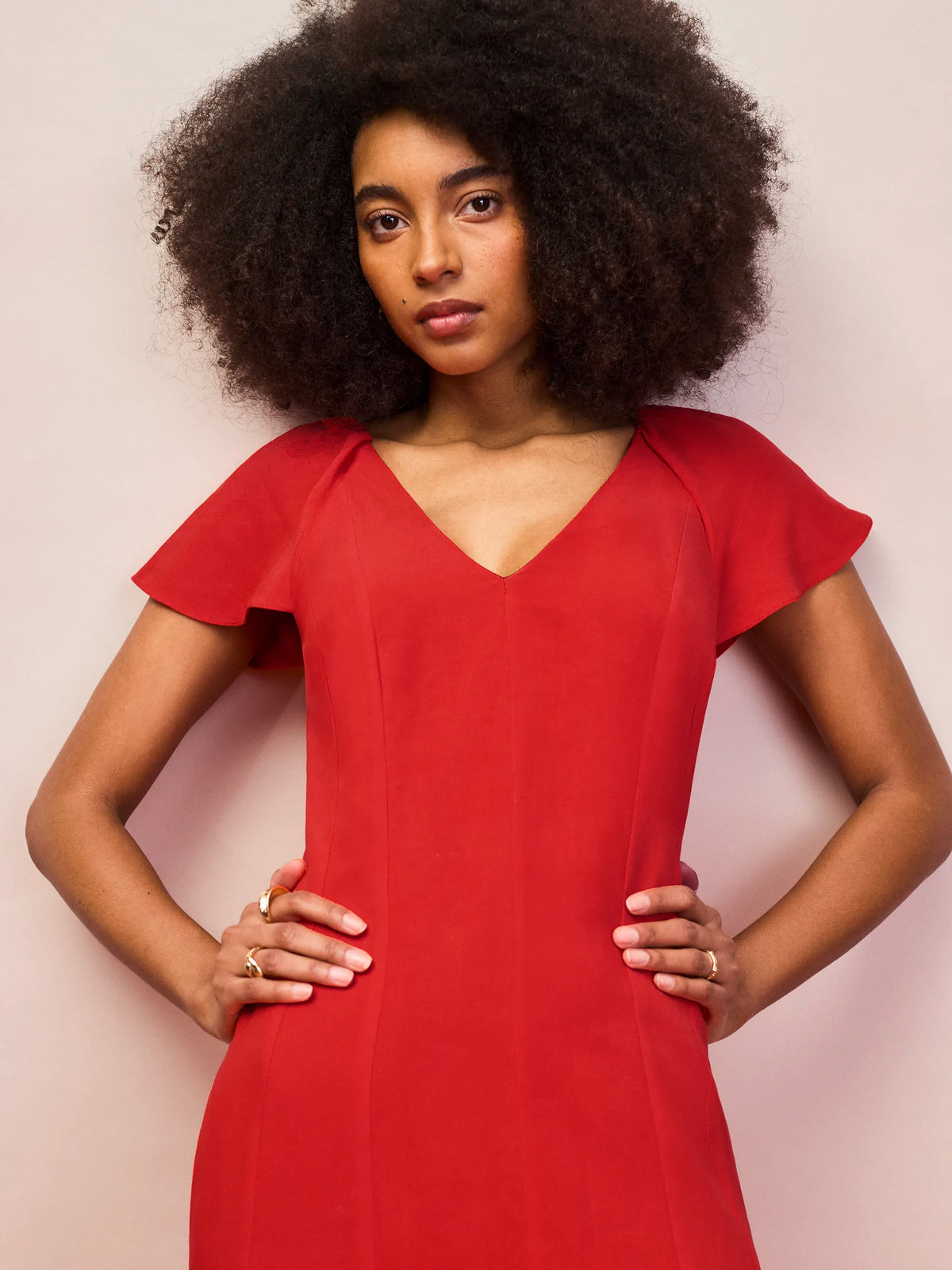 Red flutter sleeve V-neck linen blend dress