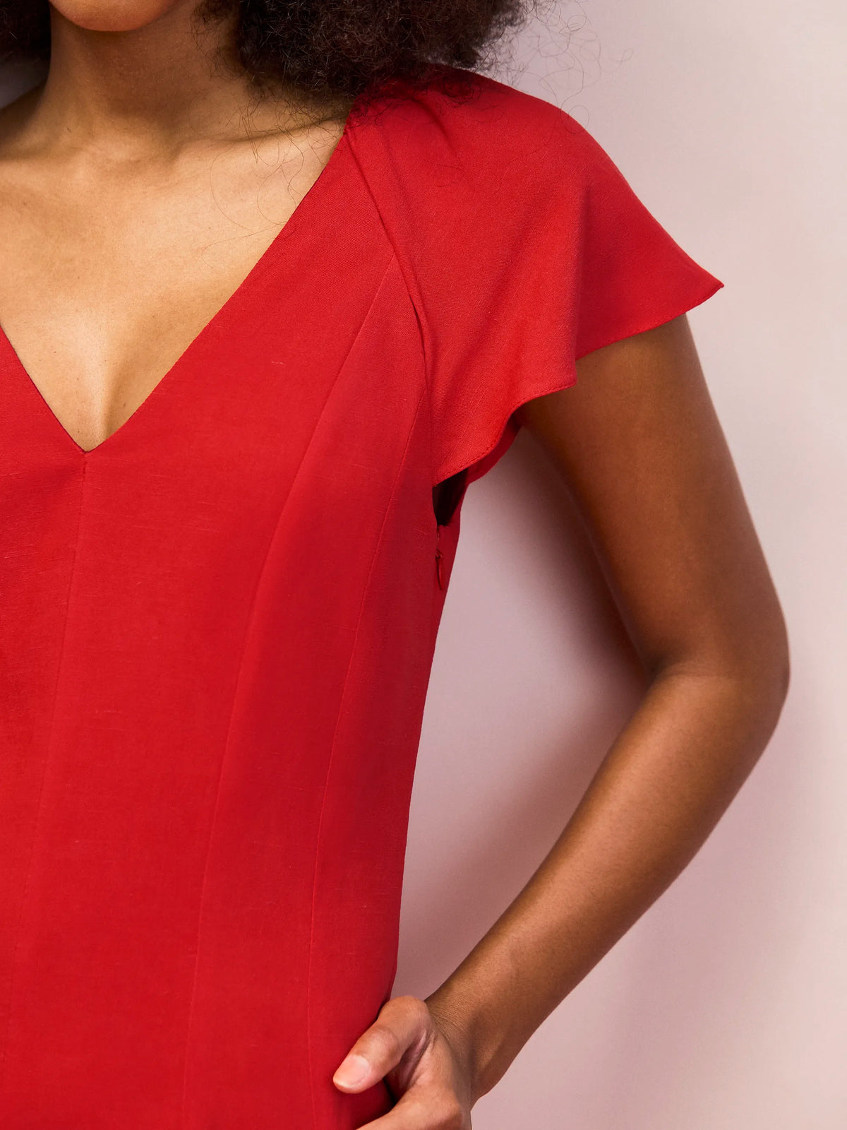 Red flutter sleeve linen blend maxi dress detail
