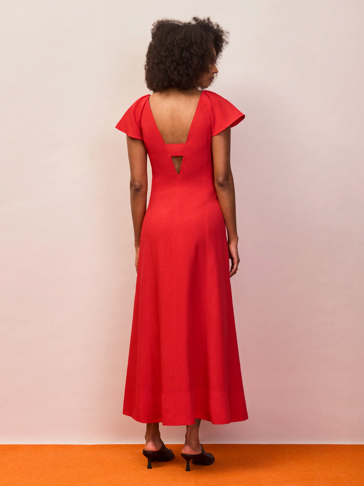 Red flutter sleeve linen blend maxi dress back view