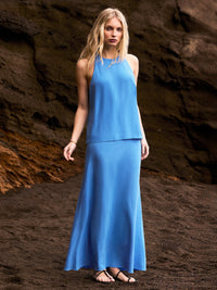 Blue Linen Blend Bias Skirt