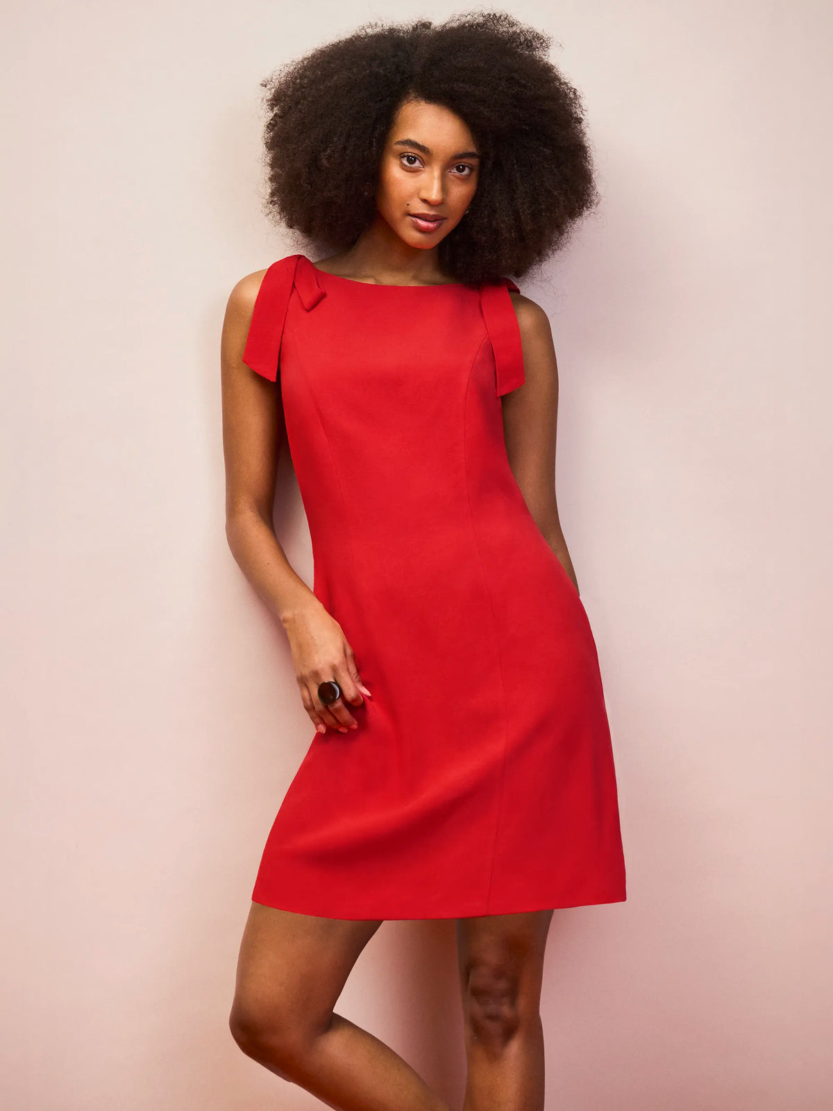 Red linen blend mini dress with shoulder tie detail