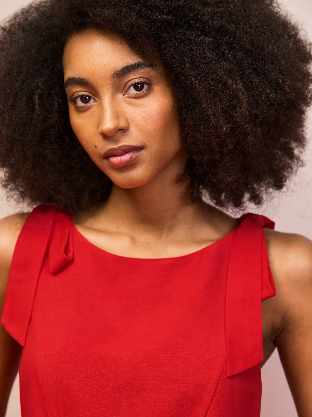 Red linen blend mini dress with shoulder tie straps