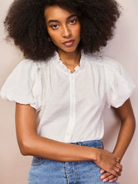White Cotton Textured Puff Sleeve Shirt