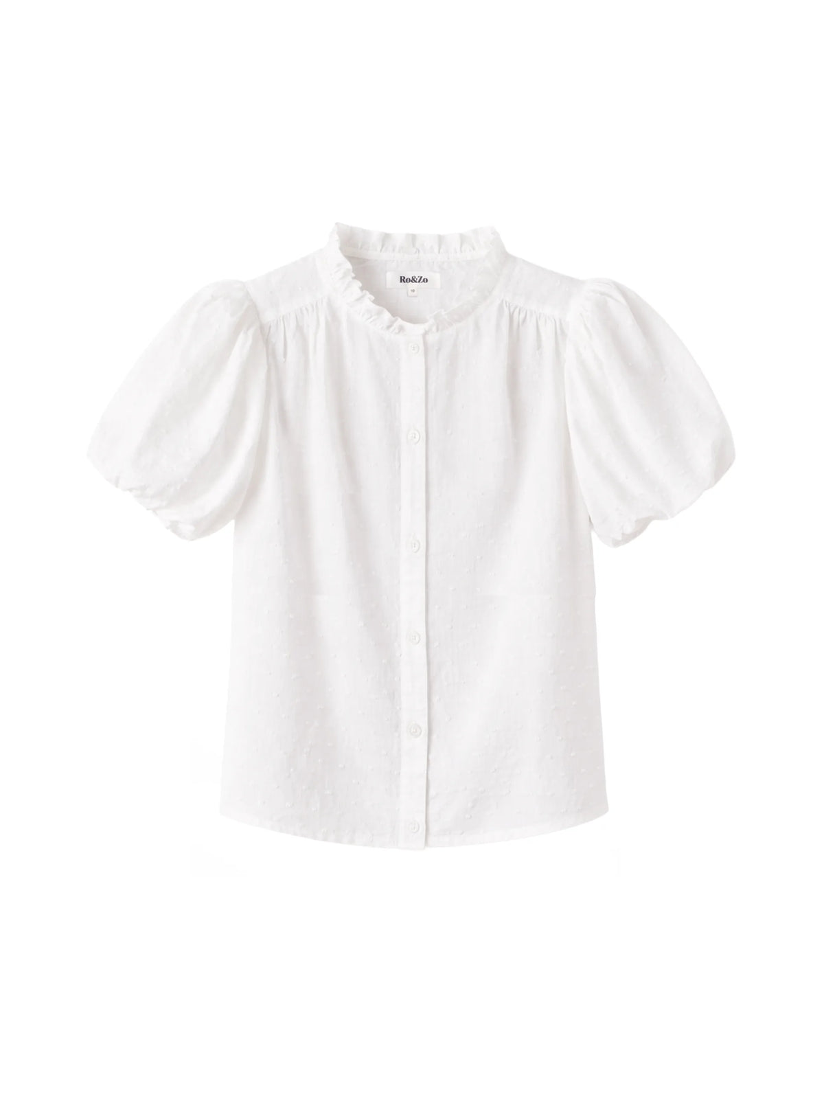 Lightweight white dobby shirt with soft puff sleeves and feminine ruffle neck