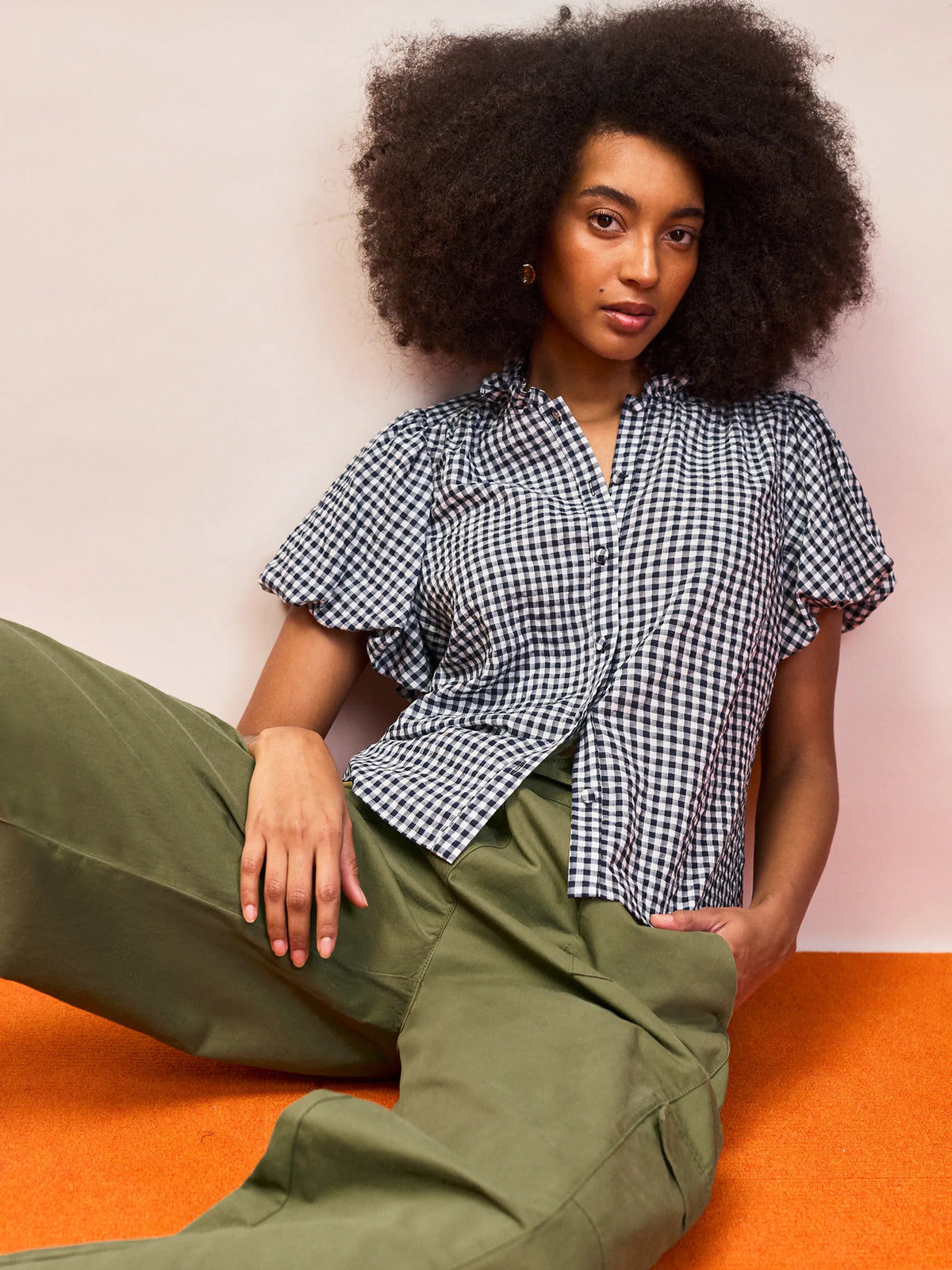 Navy Gingham Gathered-Sleeve Shirt