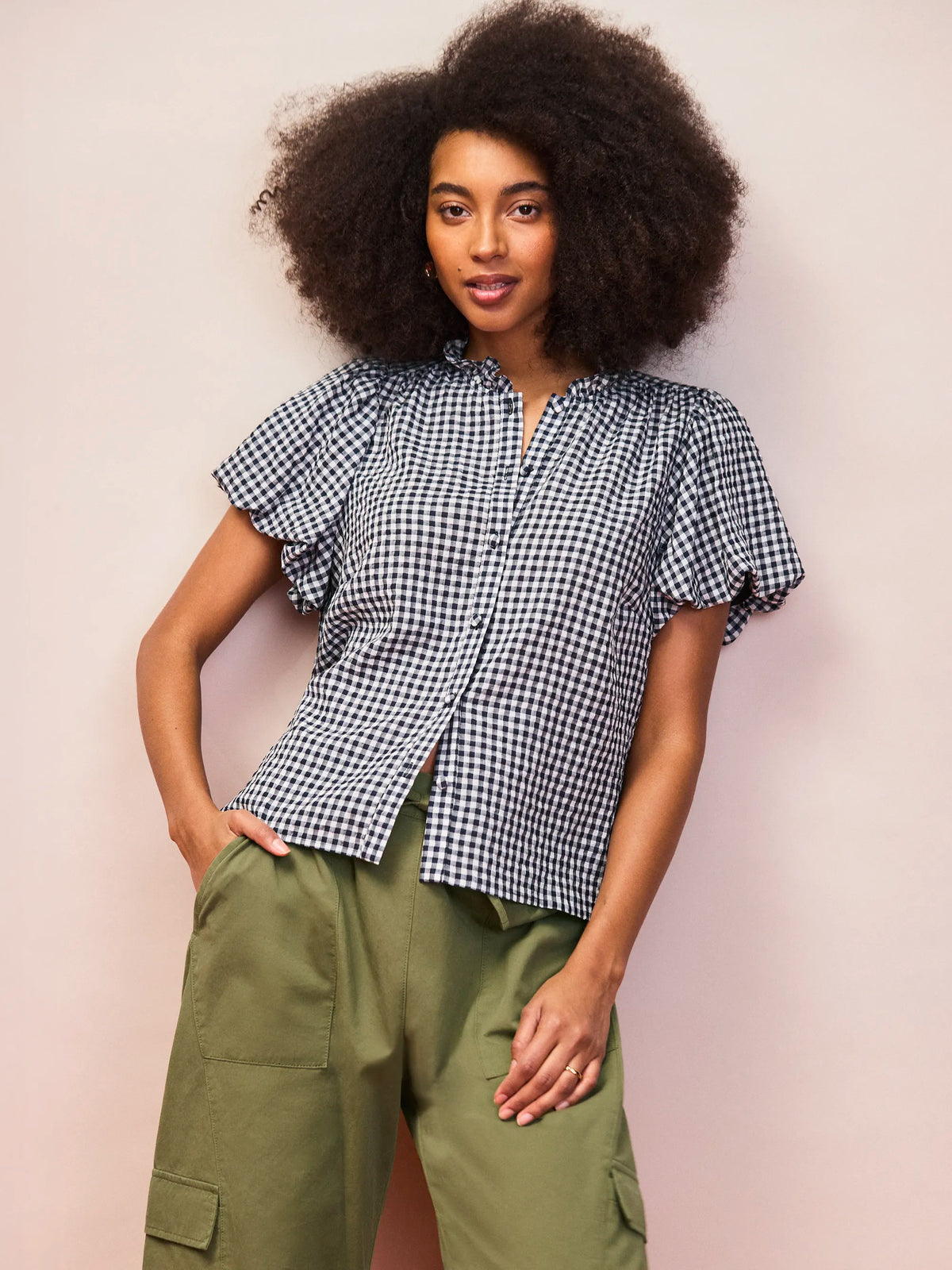 Navy Gingham Gathered-Sleeve Shirt