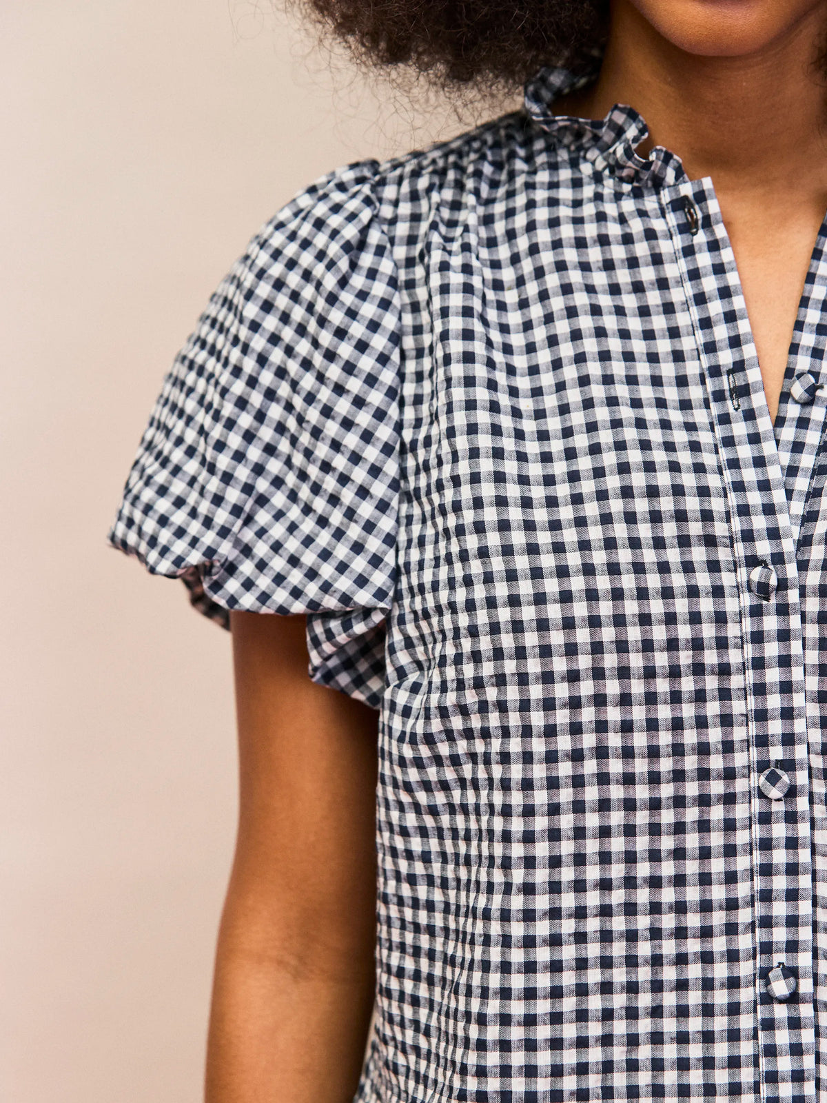 Navy Gingham Gathered-Sleeve Shirt