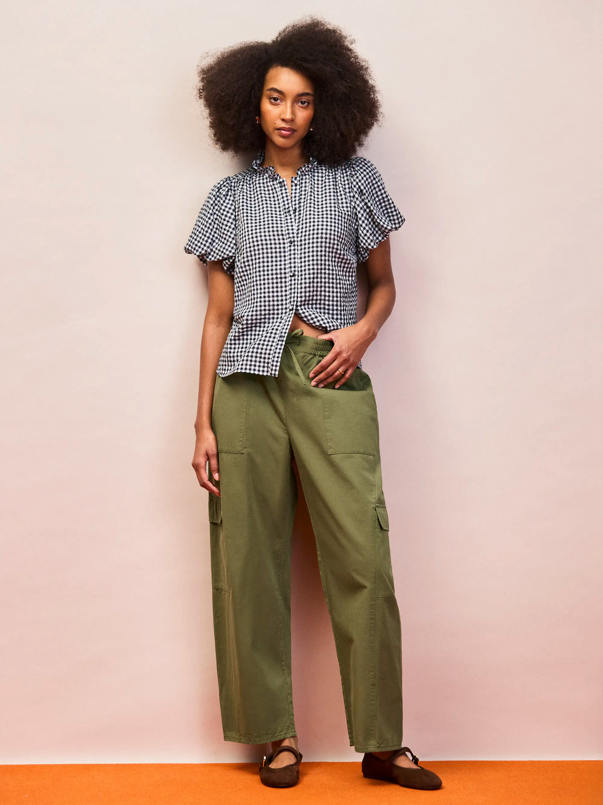 Navy Gingham Gathered-Sleeve Shirt