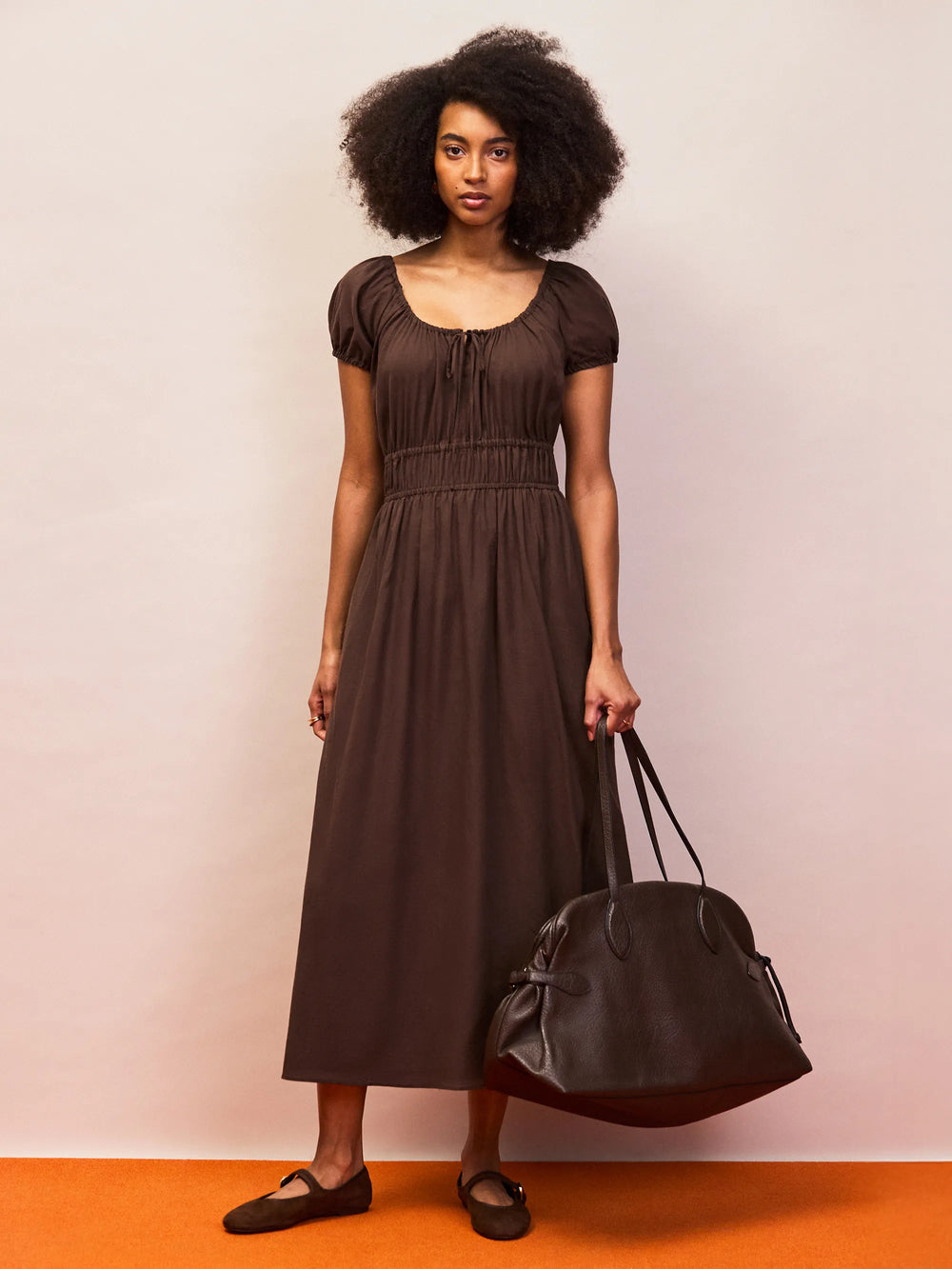 Petite Brown Gathered Neck Cotton Dress – Ro&Zo Petite Brown Gathered Neck Cotton Dress – Ro&Zo