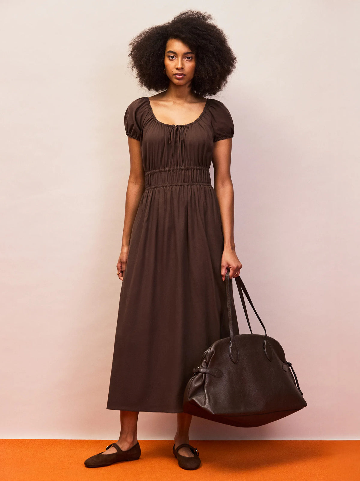 Brown cotton midi dress with gathered neckline and short sleeves