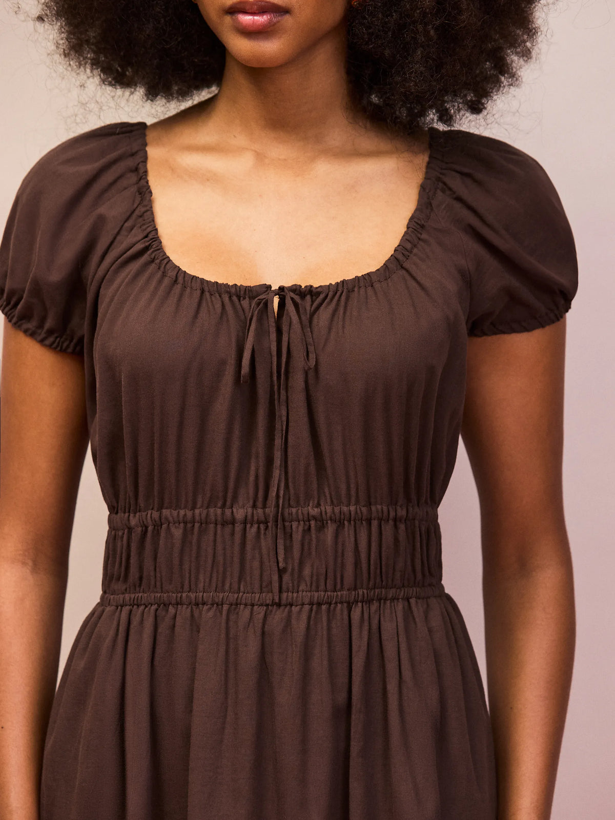 Brown midi length cotton dress with gathered waistband detail