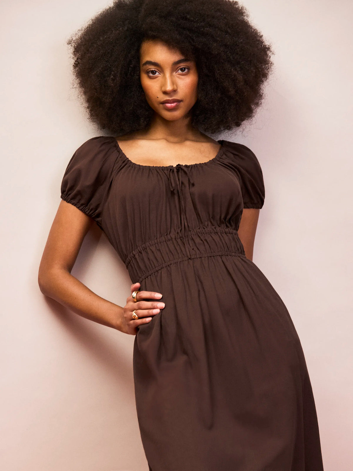 Brown short sleeve cotton midi dress with softly gathered neck