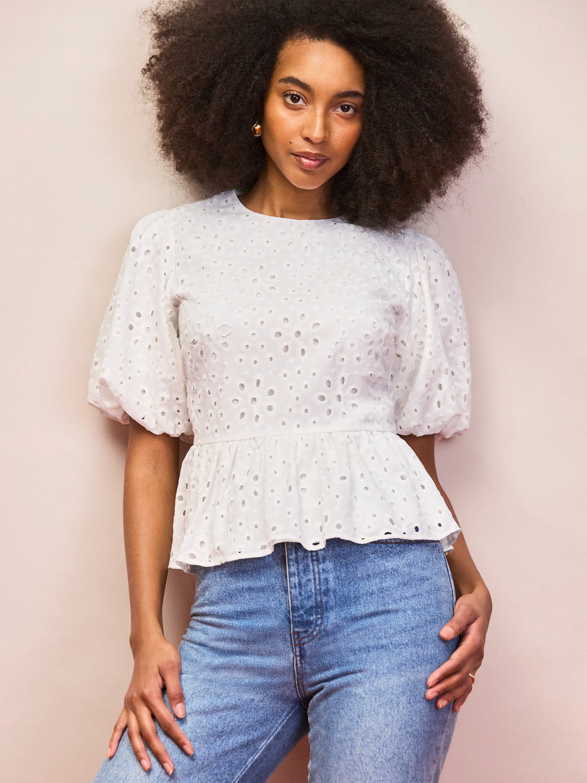 White Broderie Anglaise Cotton Gathered-Sleeve Top