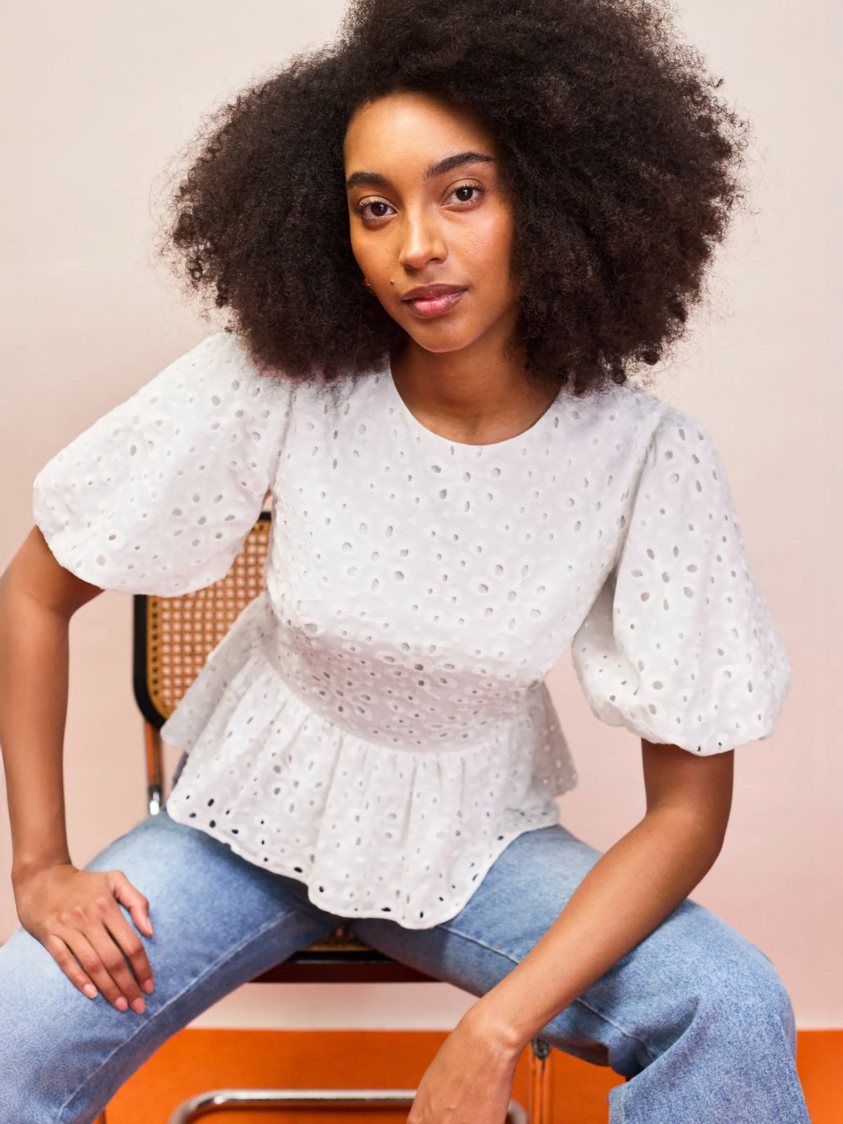 White Broderie Anglaise Cotton Gathered-Sleeve Top