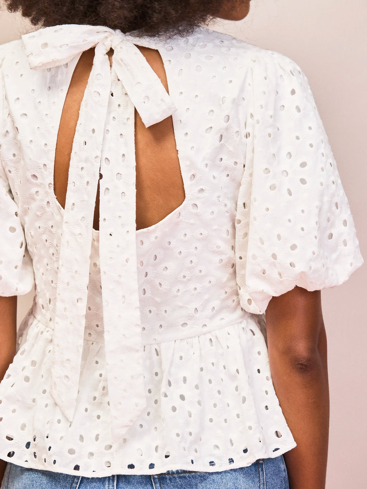 White Broderie Anglaise Cotton Gathered-Sleeve Top