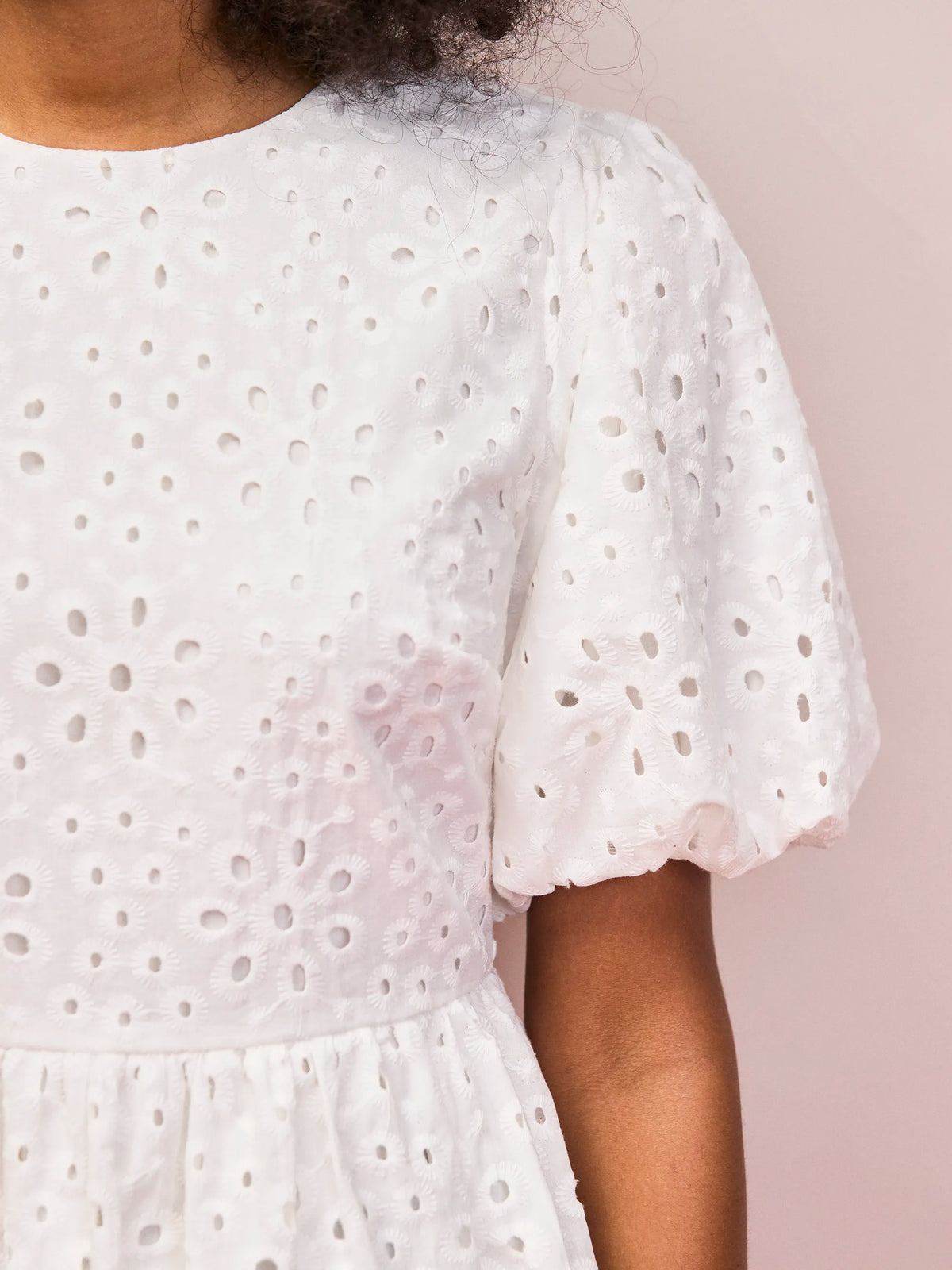 White Broderie Anglaise Cotton Gathered-Sleeve Top