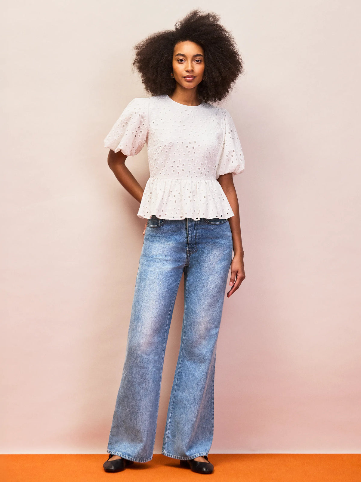 White Broderie Anglaise Cotton Gathered-Sleeve Top