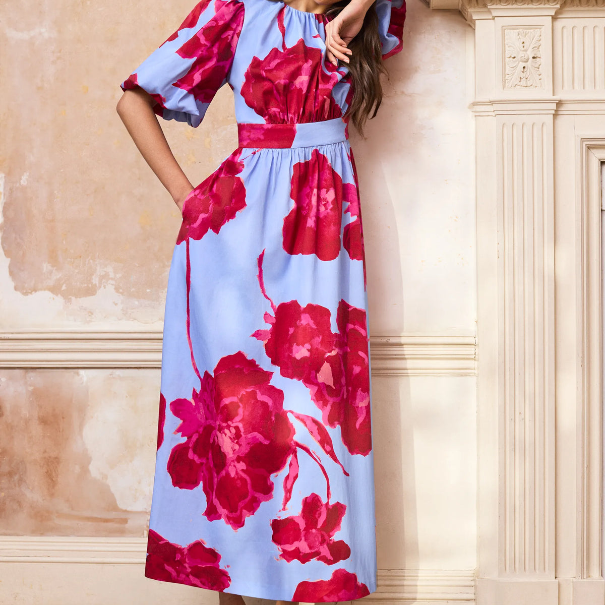 Petite Seraphina Pink And Blue Floral Puff Sleeve Dress – Ro&Zo