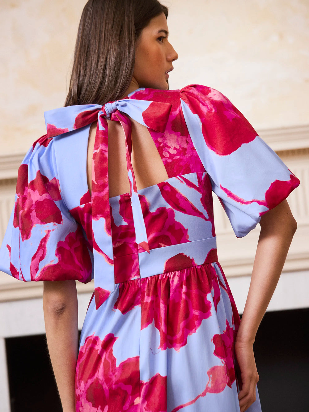 Petite Seraphina Pink And Blue Floral Puff Sleeve Dress Ro&Zo Petite Seraphina Pink And Blue Floral Puff Sleeve Dress Ro&Zo