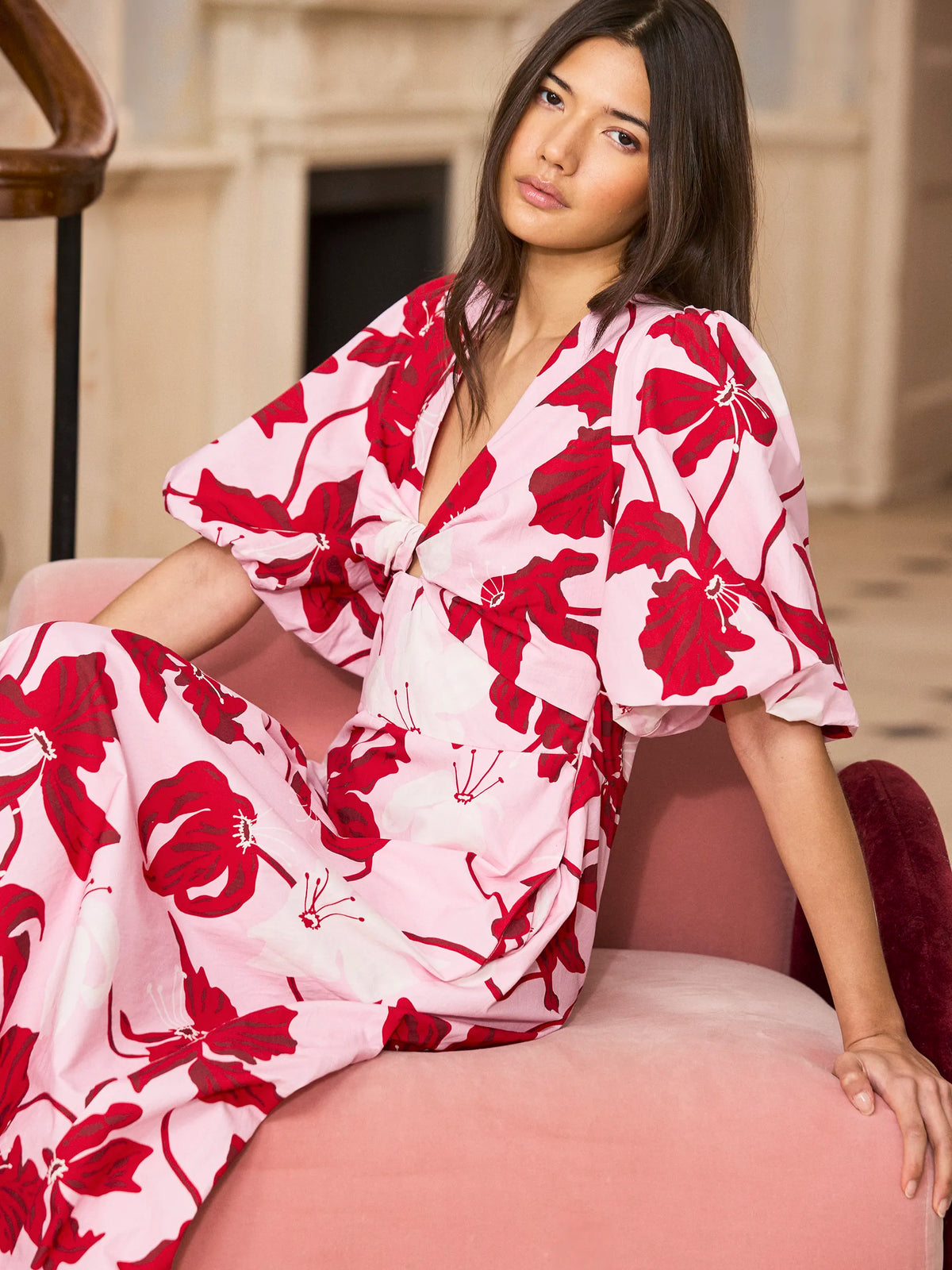 Mina red and pink floral dress with twist front detail