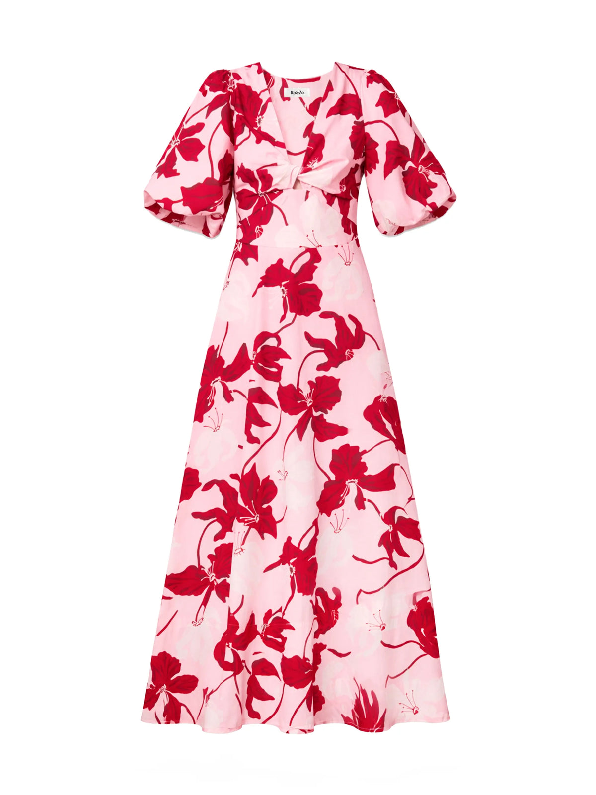 Mina red and pink floral maxi dress with twist front bodice