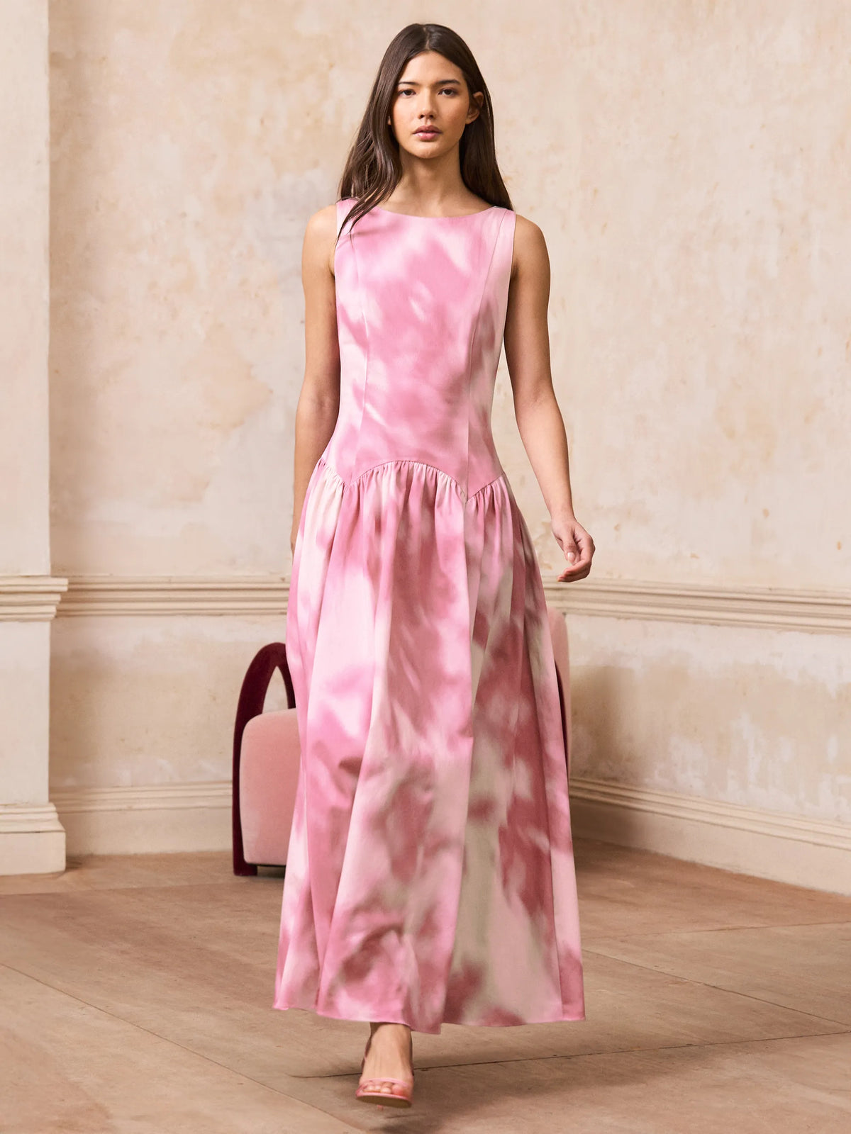 Frankie pink blurred print sleeveless maxi dress with dropped waist