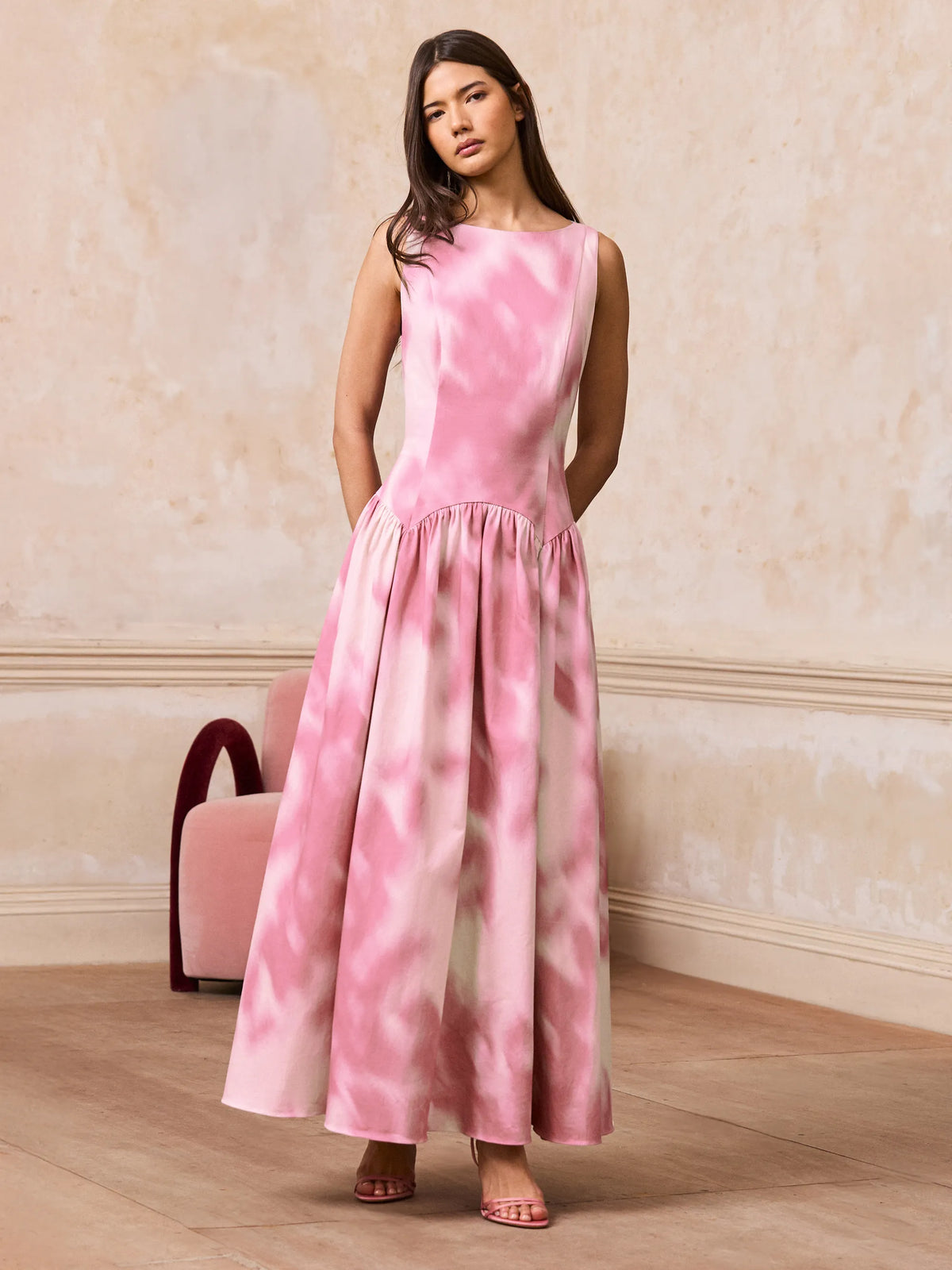Frankie pink blurred print maxi dress with gathered dropped waist