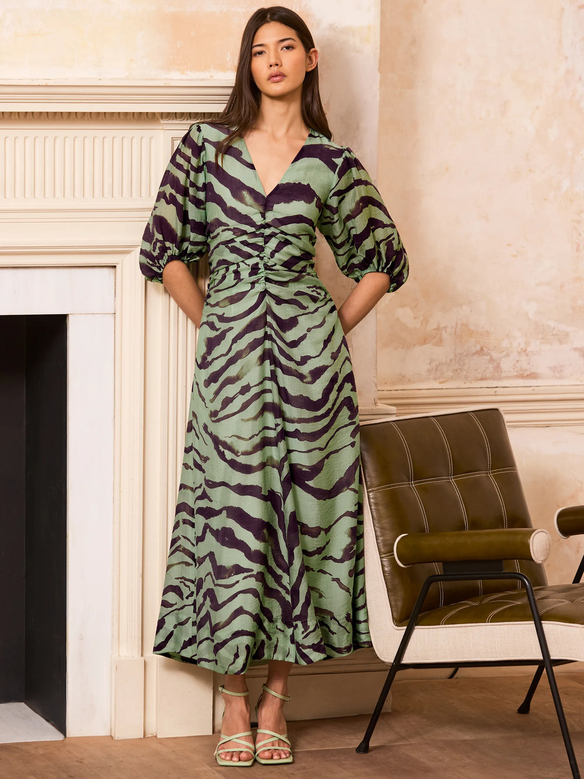 Chloe Green Zebra Print Puff Sleeve Dress