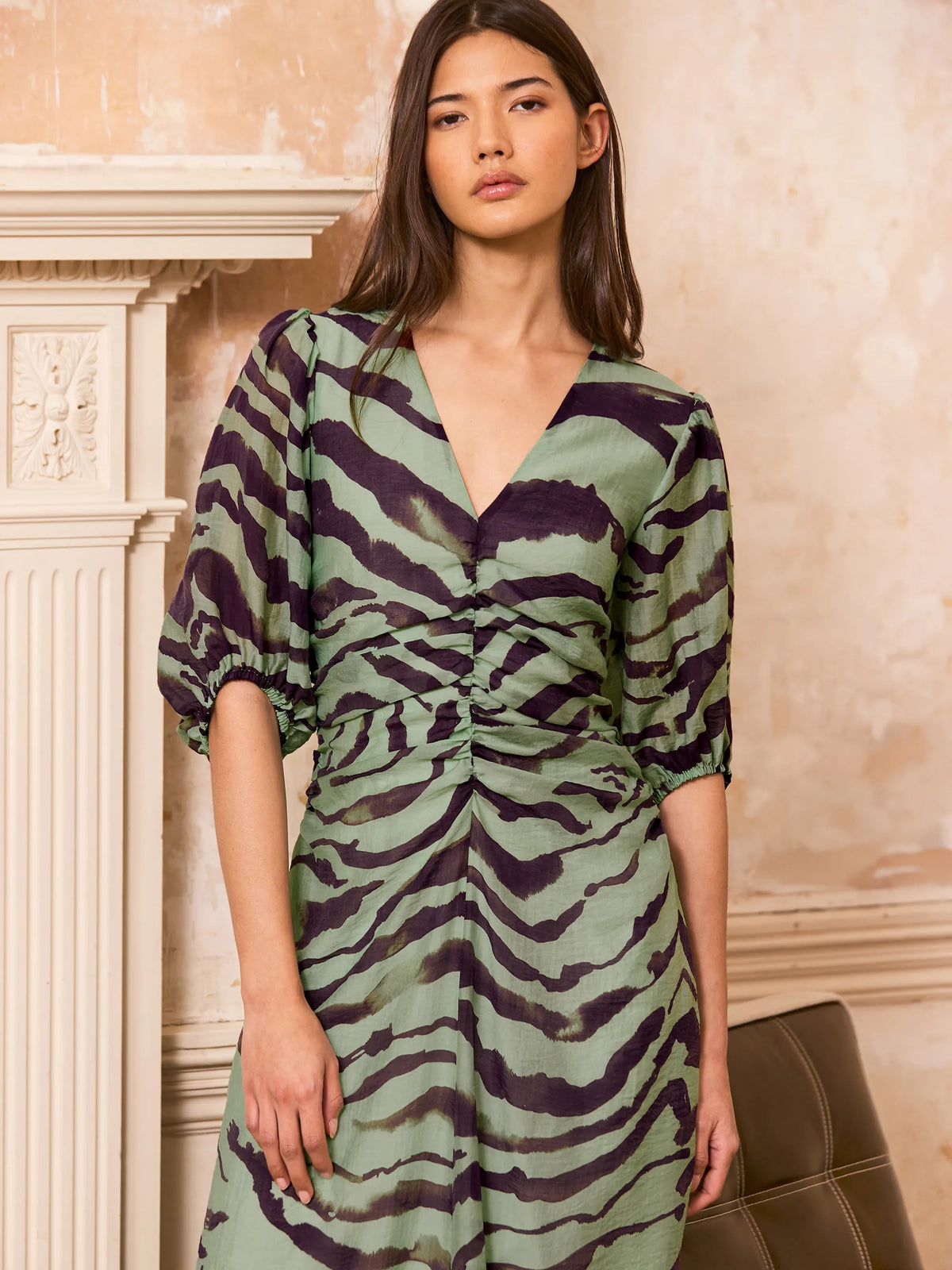 Chloe Green Zebra Print Puff Sleeve Dress