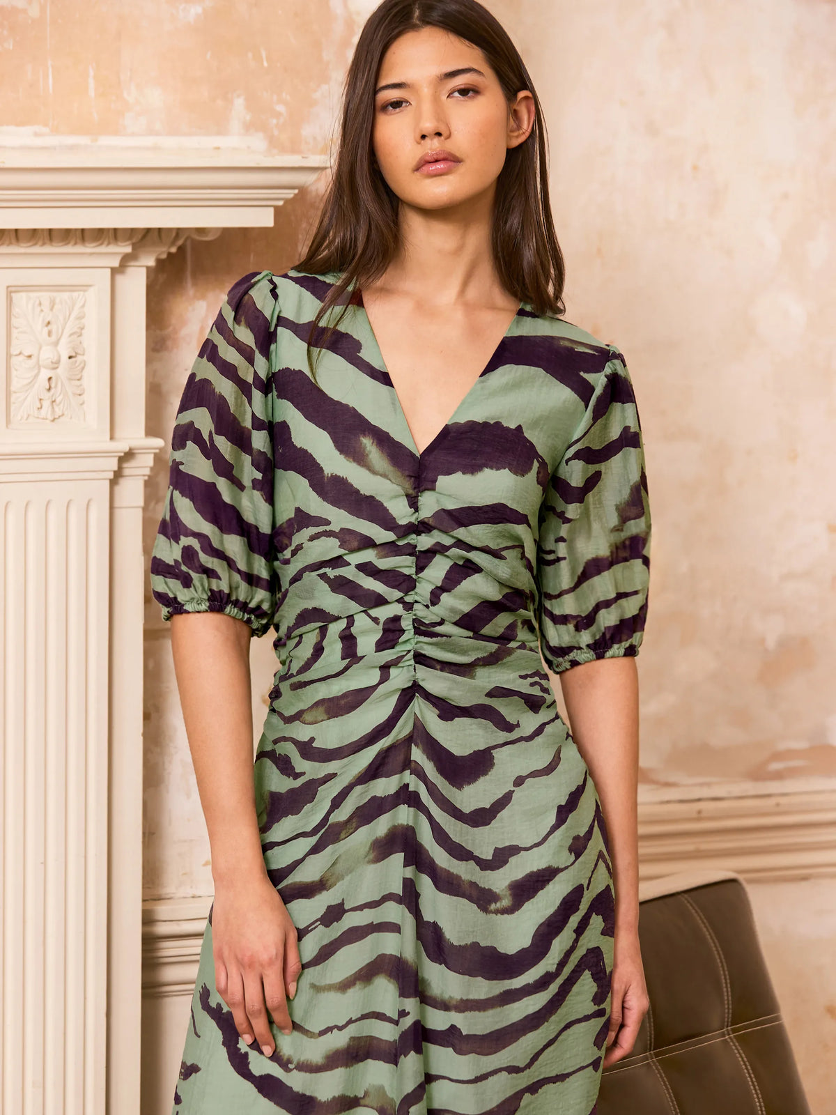 Petite Chloe Green Zebra Print Puff Sleeve Dress