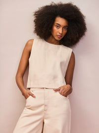 Ecru cotton twill sleeveless shell top